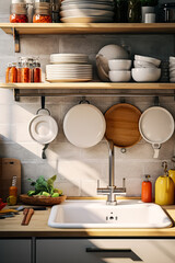 Discover the essence of Scandinavian cuisine interior decor with stylish wooden shelves adorned with ceramic plates, dishes. This cozy arrangement exudes warmth and charm in any kitchen space.