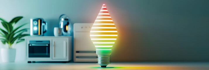 An energy efficiency concept showcasing a modern LED lighting, and energy-saving appliances, symbolizing low power consumption and the adoption of renewable energy sources. - obrazy, fototapety, plakaty