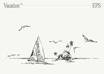 Cartoon sailboat on tropical beach with palm trees and seagulls. Hand drawn vector illustration. - 742827268