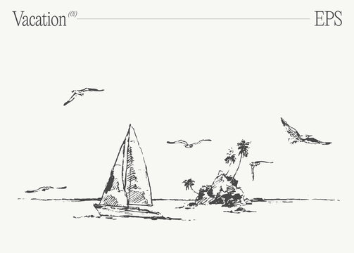 Cartoon sailboat on tropical beach with palm trees and seagulls. Hand drawn vector illustration.