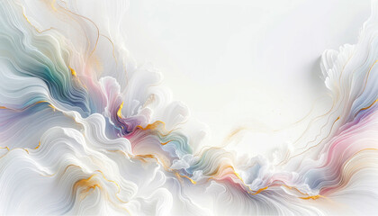 Abstract fluid flowing art by alcohol ink white tone with iridescent hues and gold with copy space text. For banner, background in concept luxury, dreamy, heaven.