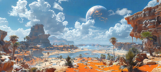 Breathtaking alien landscape with towering rock formations, exotic vegetation, and a serene lake under a sky dominated by an enormous planet.