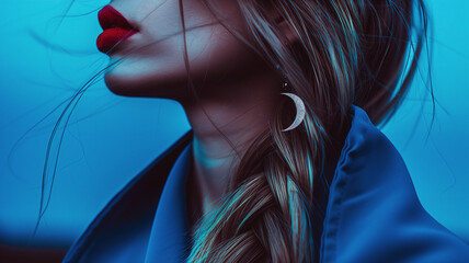 Femminile che porta un ciondolo a forma di luna in atmosfera surreale