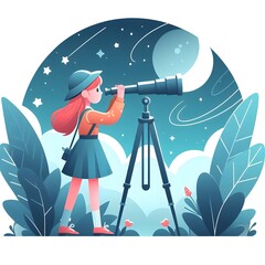 girl looks at the stars through a telescope. eclipse, stars 