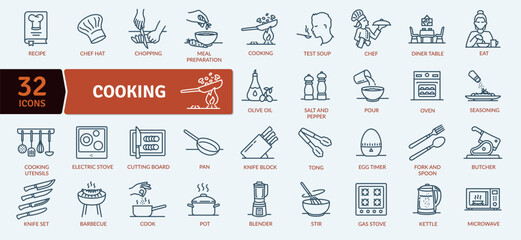 Cooking icon pack, utensils and food preparation. Frying, boiling, baking and ready to eat. Cookery, cuisine , culinary art, dish , food , haute cuisine, food preparation