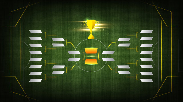 Illustration of match schedule playoff in sport tournament with golden cup against stadium field background. Final stage. Creative Design Tournament Bracket. Concept of sport, match, championship.