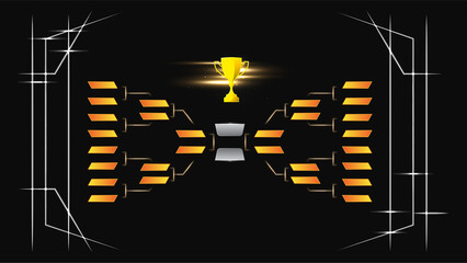 Modern sport game bracket board with gold champion trophy against black background. Illustration in tech theme style layout. Concept of sport, tournament, match, championship. - obrazy, fototapety, plakaty