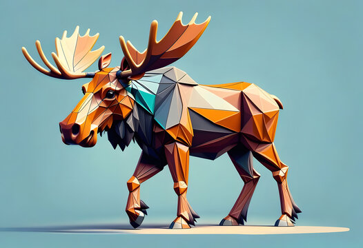 The image shows a low-poly illustration of a moose standing in front of a blue background. The moose is brown and has large antlers.
