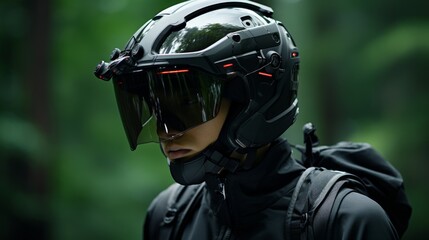 Obraz premium Man Wearing Helmet and Goggles in the Rain