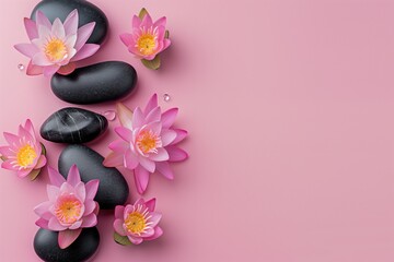 Obraz na płótnie Canvas Delicate pink lotus flowers and smooth black stones artfully placed on a pastel pink background with water droplets