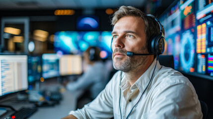 free space for title banner with an engineer with headset in a launch control room, staring at screens a launch that about to happen, stress is palpable
