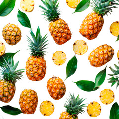 Pineapple with leaves creative pattern isolated on white background, summer background, Top view and flat lay