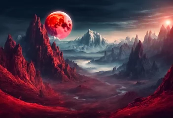 Deurstickers Mondi Fantastici- Paesaggio Montano con Luna Rossa, uno Scenario da Favola © Benedetto Riba