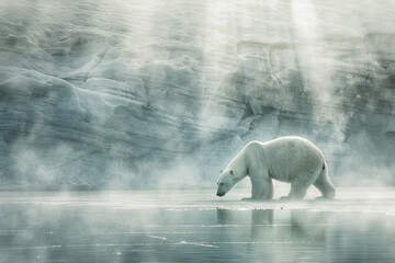 Polar bear at ice lake.