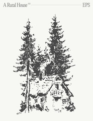 A house in a forest with evergreen trees on a sloped landscape. Hand drawn vector illustration.