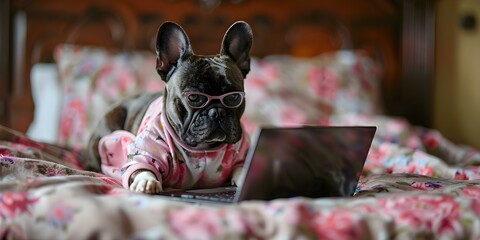 A chic French Bulldog wearing glasses and pajamas busily works on a laptop. Concept Animals, French Bulldog, Glasses, Pajamas, Laptop