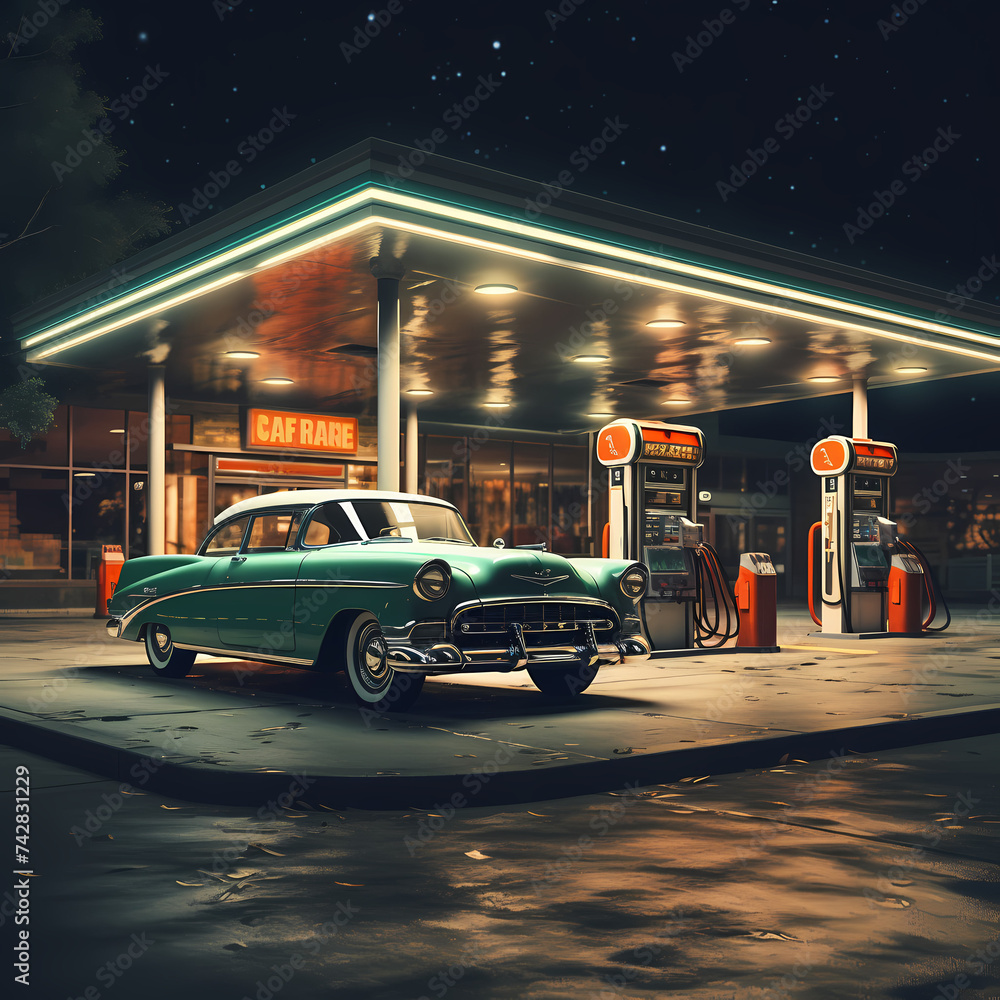 Canvas Prints Vintage car in a retro gas station. 