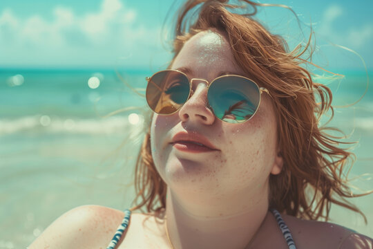 Close-up of a relaxed chubby woman with freckles, wearing reflective sunglasses at the beach, with the sea and sky reflected in her shades