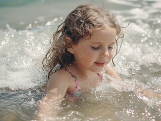 Fototapeta na wymiar A young girl exudes confidence as she gracefully swims through the glistening waves, her face glowing with joy and determination in her vibrant swimwear, fully embracing the freedom and joy of summer