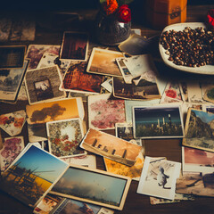 Naklejka na ściany i meble Vintage postcards scattered on an antique table.