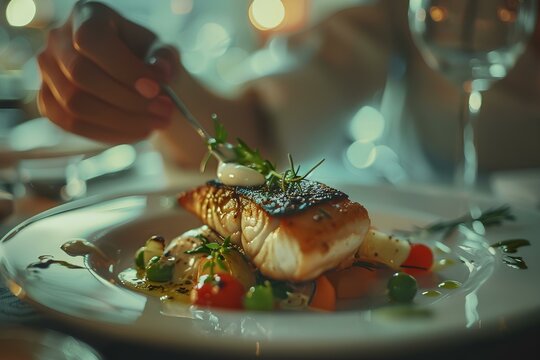 luxury dinner plate on set table in restaurant, vegatable fish dish getting the finishing touch with a pincet by a woman chef, visibly details and textures of the food. generative AI