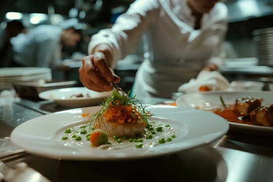 luxury dinner plate on set table in restaurant, vegatable fish dish getting the finishing touch with a pincet by a woman chef, visibly details and textures of the food. generative AI