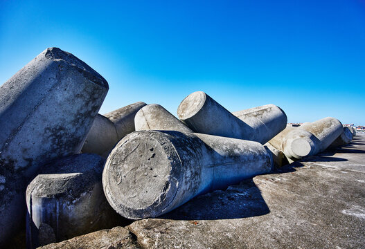 Concrete tetrapod wave breakers in Penche, Portugal, Europe