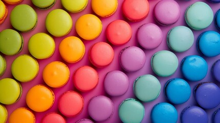 Fototapeta na wymiar Rainbow of round pastel macarons on a rainbow background. Isolated on a diagonal rainbow background.