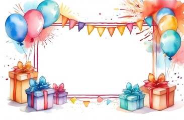 Watercolor birthday card. A frame, a place for text. Gift boxes, fireworks, garlands, flags , balls, bows. Drawing