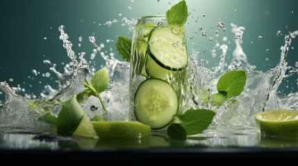 Refreshing Cucumber Slices, Mint Leaves, and Water Splash in a Glass