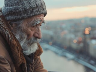 A man gazes out the window, his human face framed by a beanie and knit cap, his bonnet and beard shielding him from the winter sky, lost in thought as he stands on the street of the bustling city