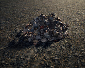 Pile of rubble on damaged tarmac. - 742834884