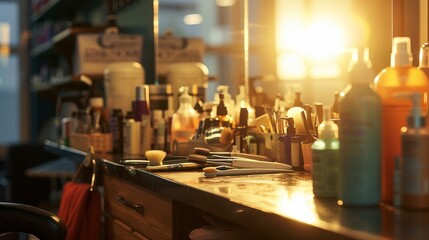Modern Hair Salon Station with Mirror, Shelves, Hair Care Products for Styling and Grooming Services