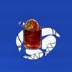 Drawn abstract character and negroni cocktail against blue background. Contemporary art collage....