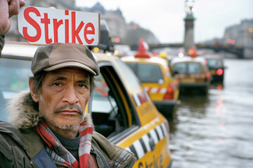 Peaceful demonstration yellow taxi. Taxi driver protesting with strike sign. Concept: better...