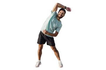 Athletic man exercises warm-up fitness workout in sportswear. Isolated transparent background.