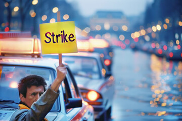 Taxi driver protesting with strike sign at dusk. Featuring the lights of a city at dusk and the...