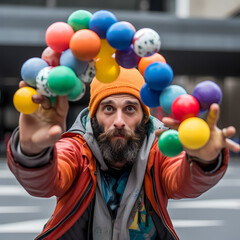 Fototapeta na wymiar A close-up of a street performer juggling colorful balls