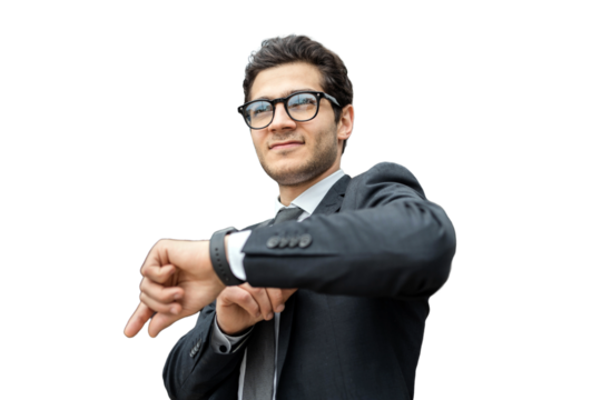 Uses the clock to meet the deadline, a confident businessman man with glasses looks away. Isolated transparent background.