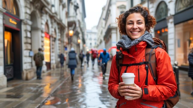 Cheerful young woman capturing selfie with takeaway coffee cup, holiday vacation concept