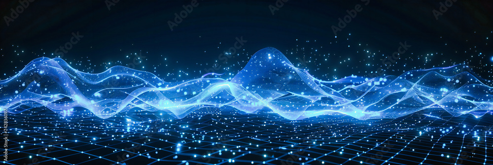 Poster digital mesh: futuristic network in a cyber landscape with geometric patterns