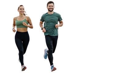 Couple people runners fitness workout running in sportswear. Isolated transparent background. - obrazy, fototapety, plakaty
