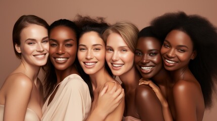 Obraz premium A diverse group of young women on a beige background. Happy African-American, Caucasian models smile, look at the camera. Natural Beauty, Skin care Products, Cosmetics, Cream, Masks concepts.