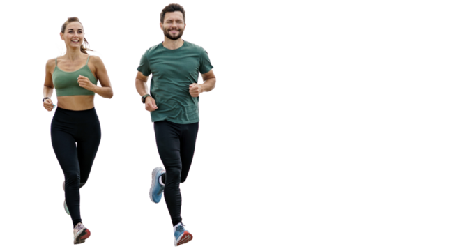 Couple people runners fitness workout running in sportswear. Isolated transparent background. - Powered by Adobe