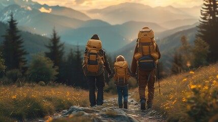 Tourists hikers with backpacks at sunset enjoying panoramic view - obrazy, fototapety, plakaty