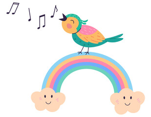 Animal music vector illustration. Happy animals create festive atmosphere, turning zoo into lively event with cheerful music band as they perform joyful melody in zoo. A bird sings on a rainbow