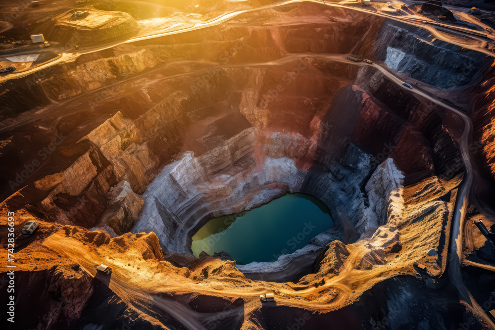 Poster an expansive aerial vista reveals an active opencast mining quarry bustling with heavy machinery in 