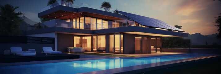 A contemporary home with sleek design features solar panels on the roof, captured at twilight. The house is well-lit, showcasing large windows and an inviting open terrace. Swimming pool