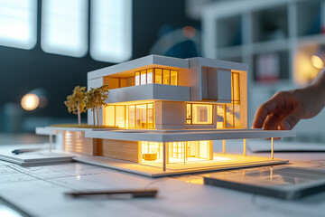 An architect carefully examines a detailed architectural model of a building, placed on a desk within a contemporary office setting, showcasing meticulous design and planning stages.