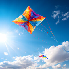 A colorful kite flying against a clear blue sky. 